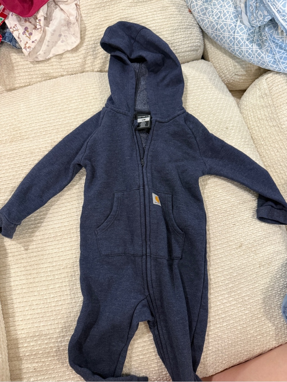 Carhartt Navy Hooded Kids One-Piece Romper with Front Pockets
